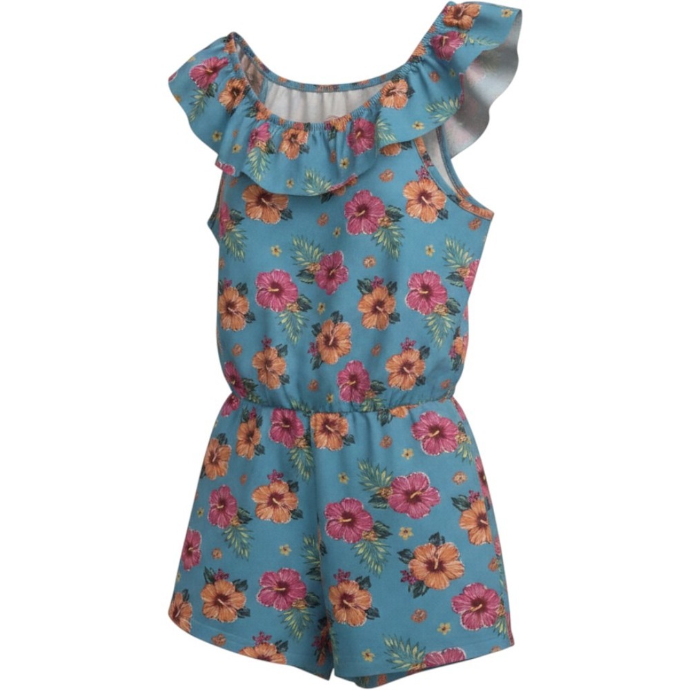 Wonder Nation Girls Blue Tropical Hibiscus Floral Ruffle Romper XL 14-16